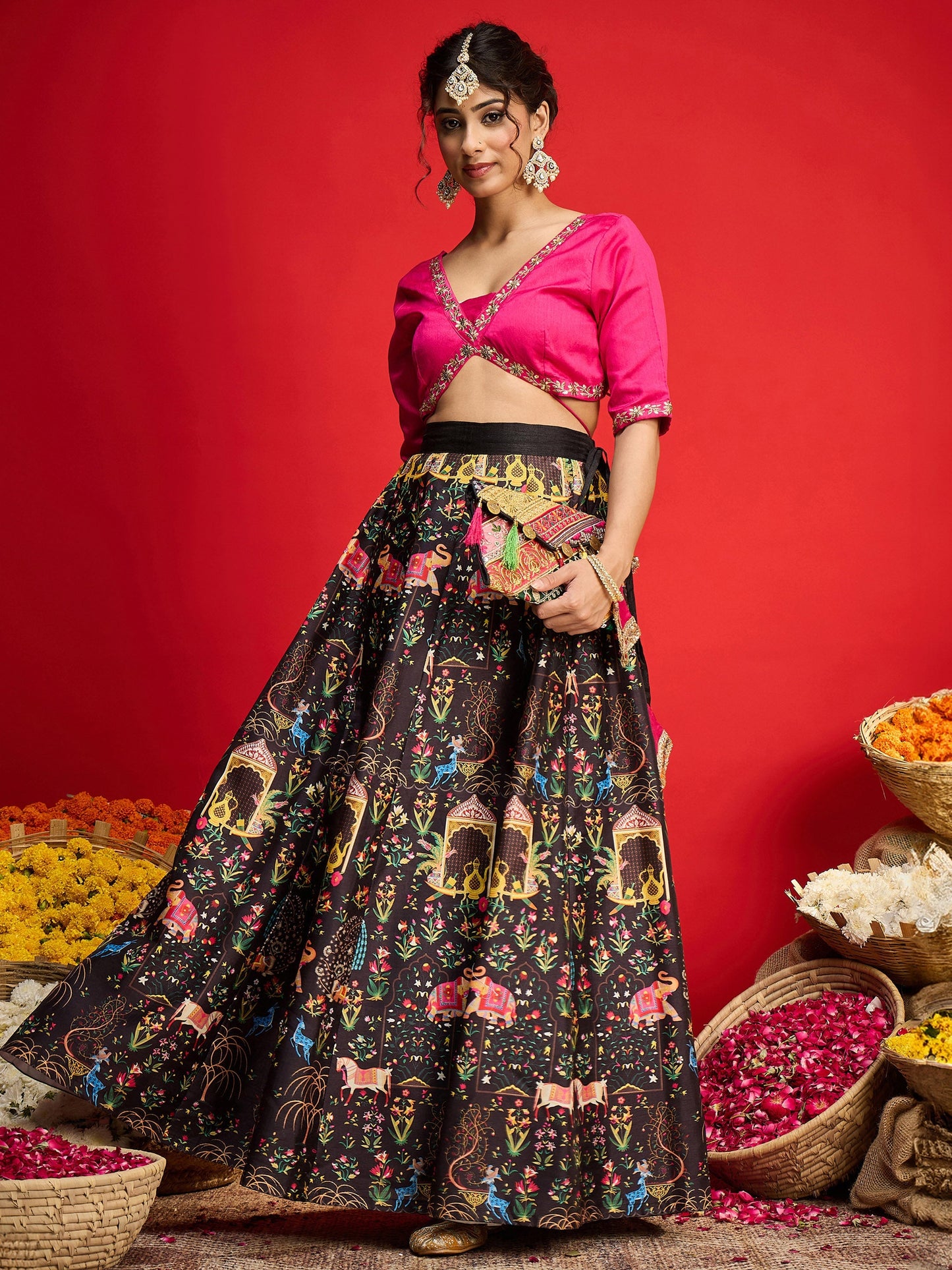 Women Fuchsia Poly Silk Crop Top With Anarkali Skirt