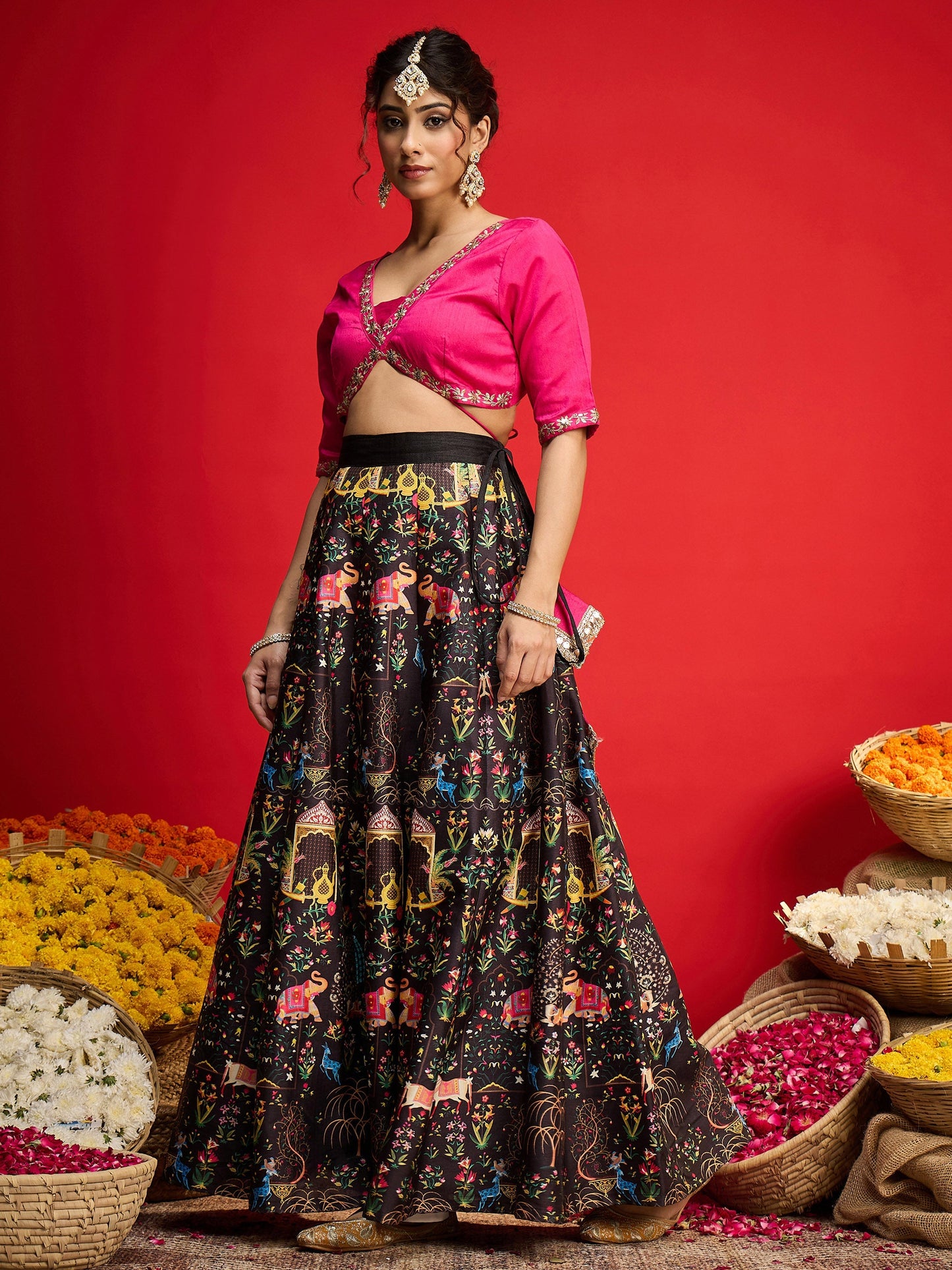 Women Fuchsia Poly Silk Crop Top With Anarkali Skirt