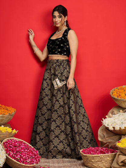 Women Black Velvet Crop Top With Jacquard Anarkali Skirt