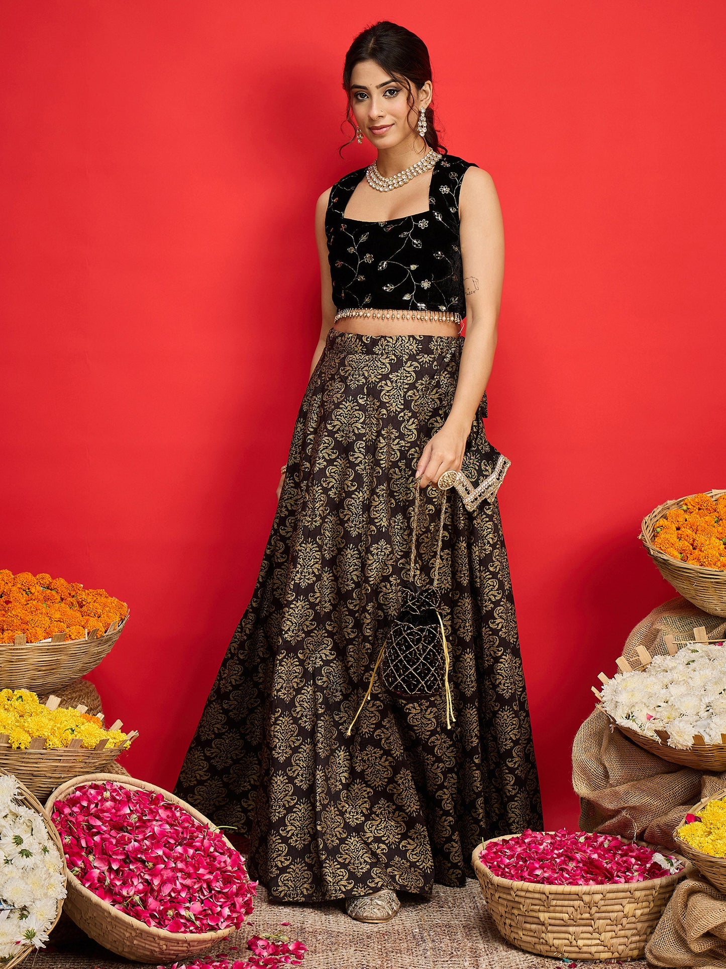 Women Black Velvet Crop Top With Jacquard Anarkali Skirt