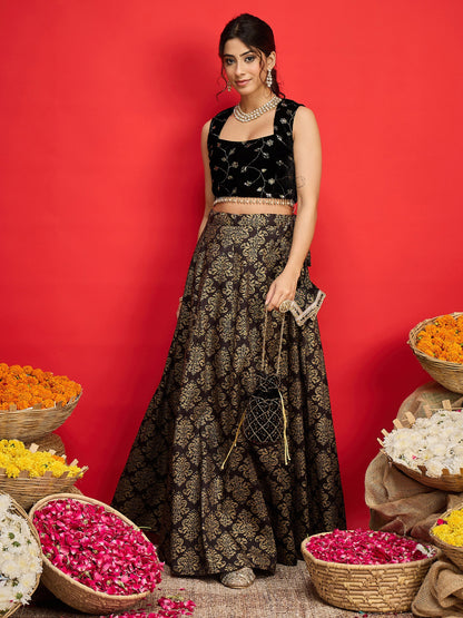 Women Black Velvet Crop Top With Jacquard Anarkali Skirt