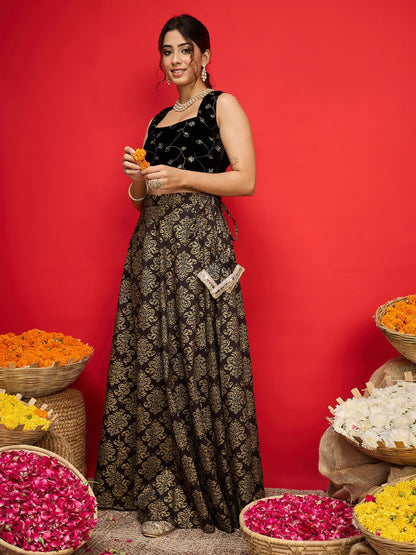 Women Black Velvet Crop Top With Jacquard Anarkali Skirt
