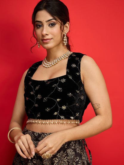 Women Black Velvet Crop Top With Jacquard Anarkali Skirt