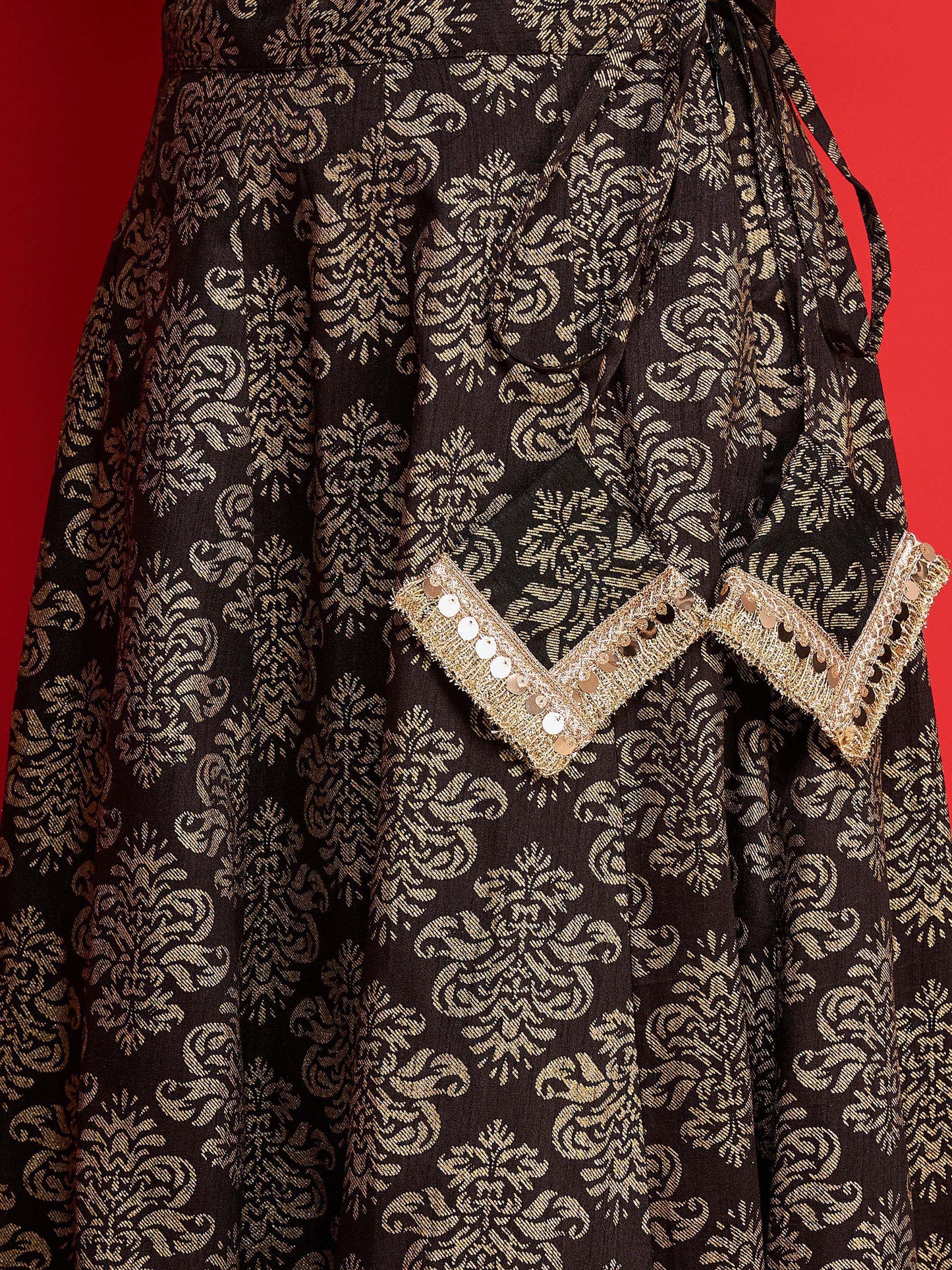 Women Black Velvet Crop Top With Jacquard Anarkali Skirt