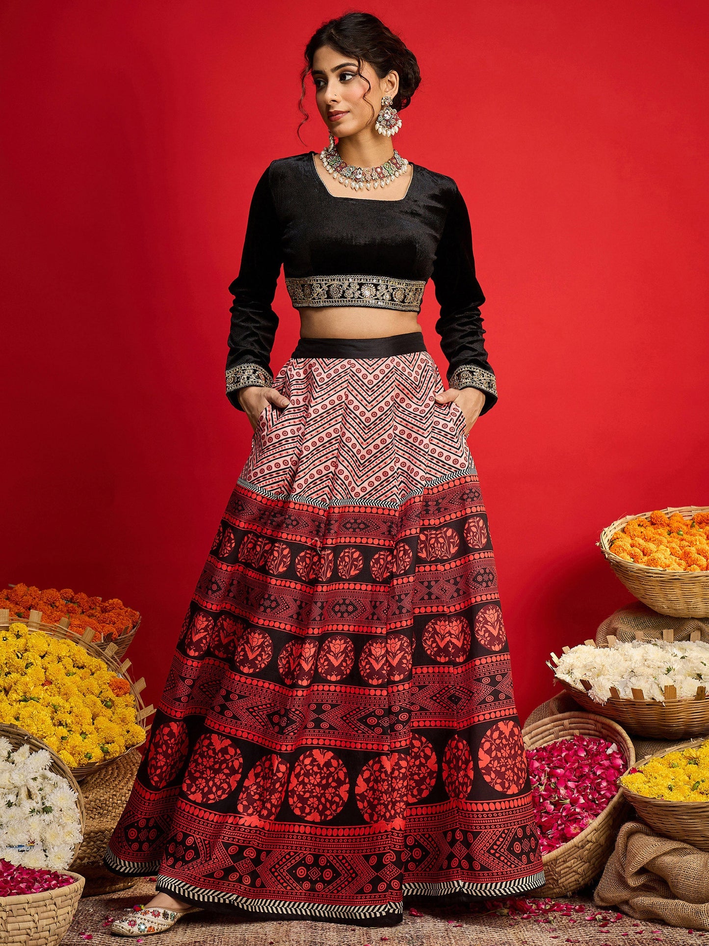 Women Black Velvet Crop Top With Anarkali Skirt