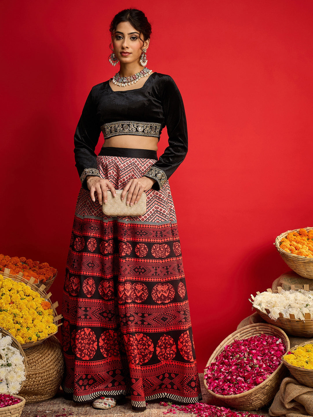 Women Black Velvet Crop Top With Anarkali Skirt