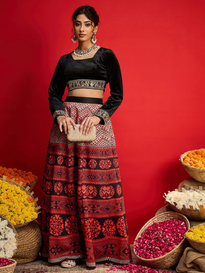 Women Black Velvet Crop Top With Anarkali Skirt