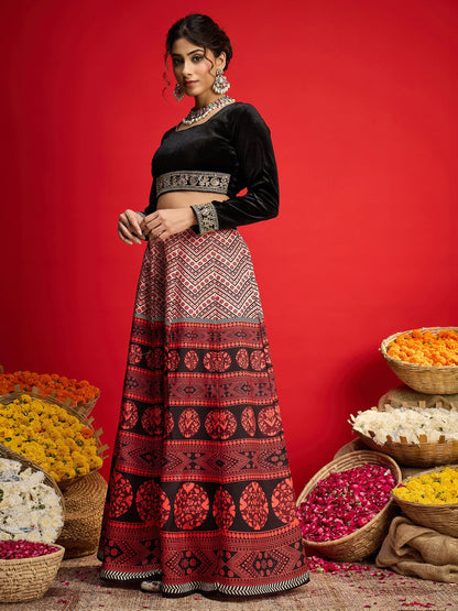 Women Black Velvet Crop Top With Anarkali Skirt