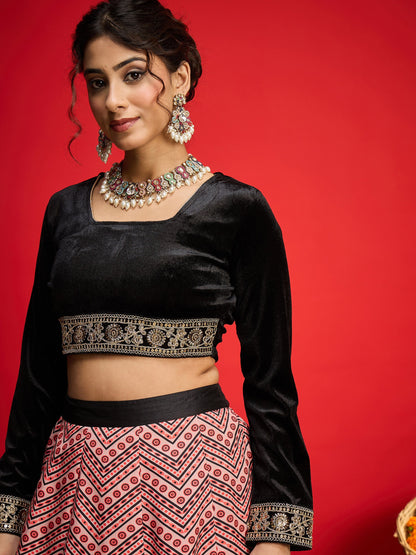 Women Black Velvet Crop Top With Anarkali Skirt
