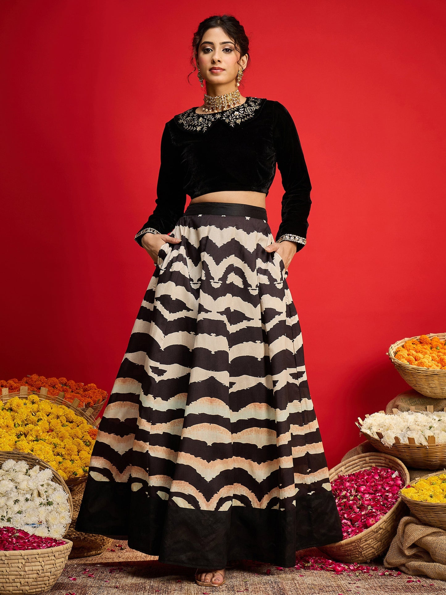 Women Black Velvet Peter Pan Crop Top With Anarkali Skirt