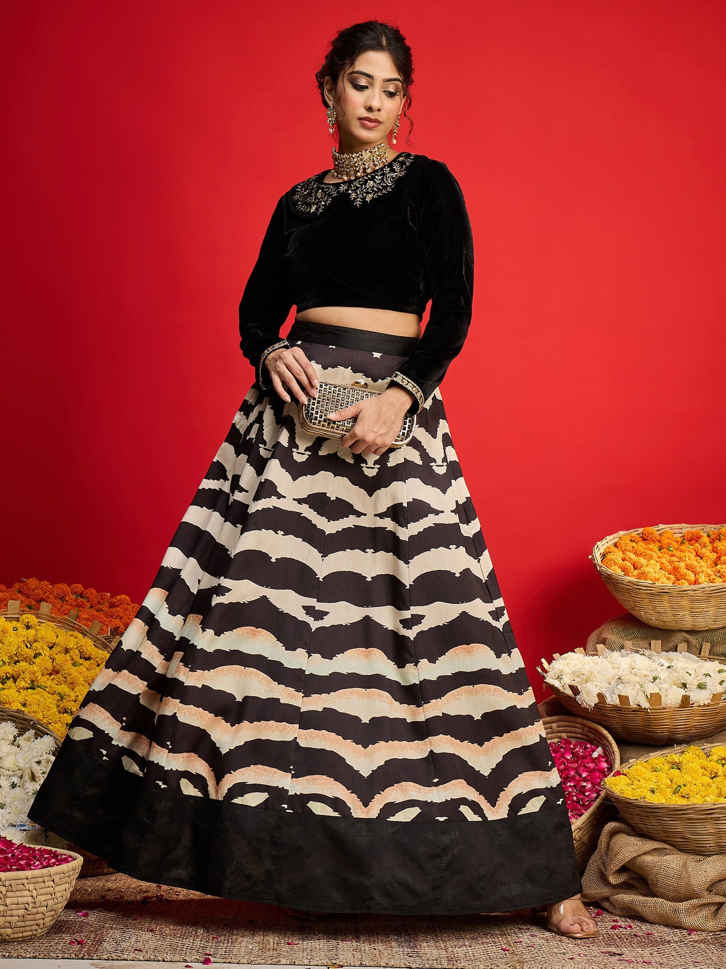 Women Black Velvet Peter Pan Crop Top With Anarkali Skirt