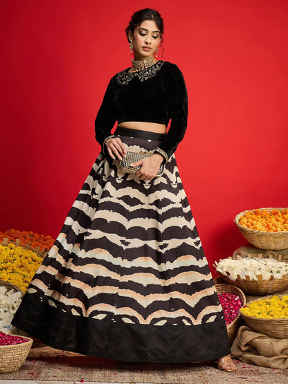Women Black Velvet Peter Pan Crop Top With Anarkali Skirt