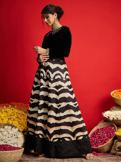 Women Black Velvet Peter Pan Crop Top With Anarkali Skirt