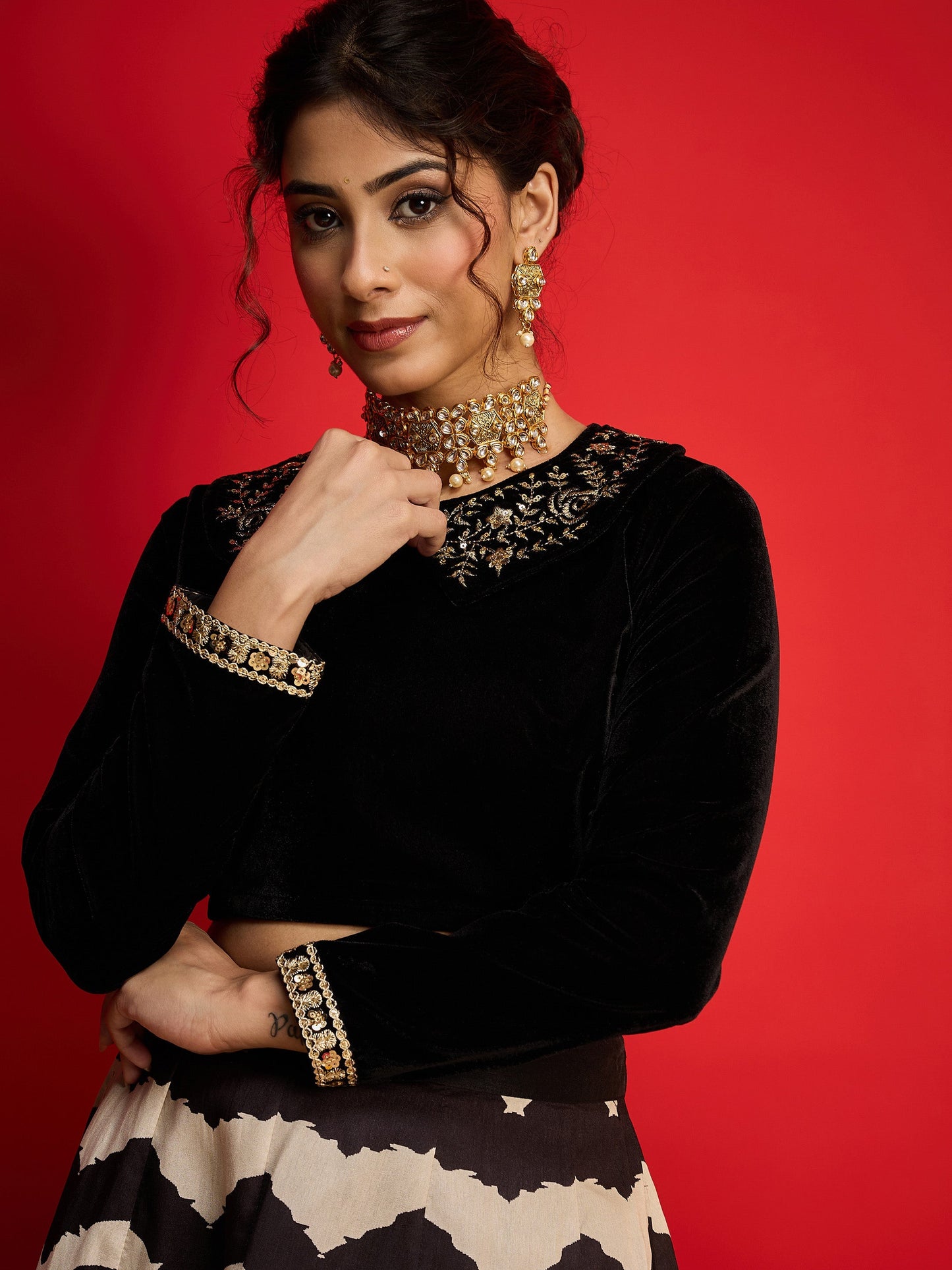 Women Black Velvet Peter Pan Crop Top With Anarkali Skirt