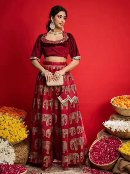 Women's Women Maroon Velvet Crop Top With Anarkali Skirt in Cotton by Shae for wholesale, bulk, supplier, manufacturer and wholesaler buyers from Trendphoria