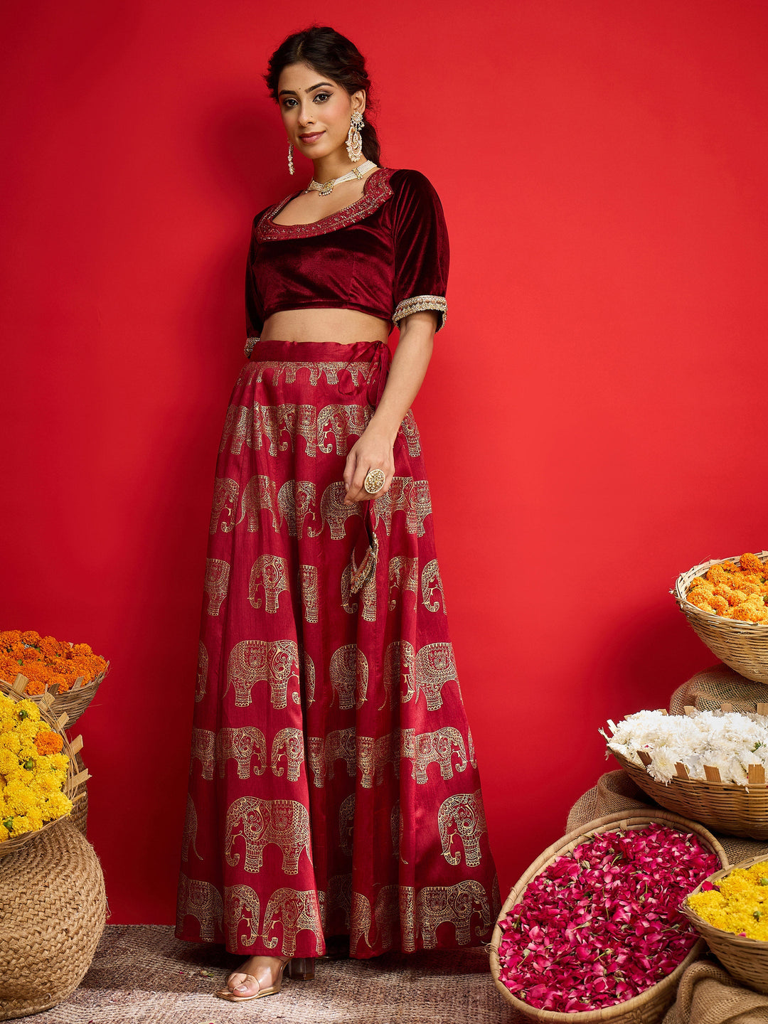Women Maroon Velvet Crop Top With Anarkali Skirt