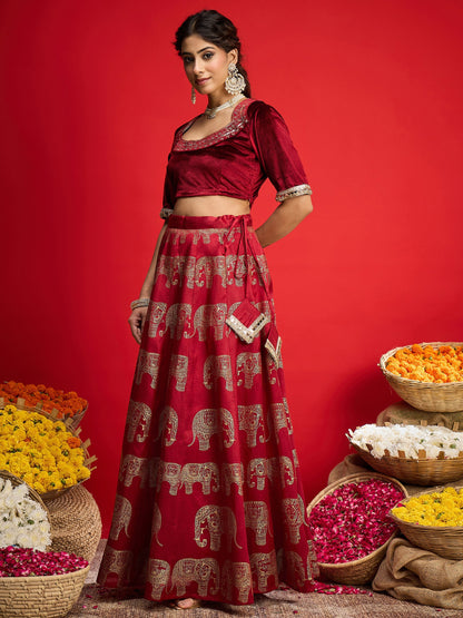 Women Maroon Velvet Crop Top With Anarkali Skirt