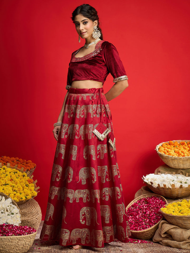 Women Maroon Velvet Crop Top With Anarkali Skirt