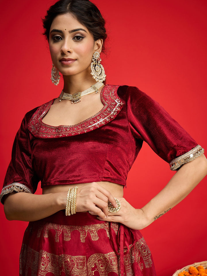 Women Maroon Velvet Crop Top With Anarkali Skirt
