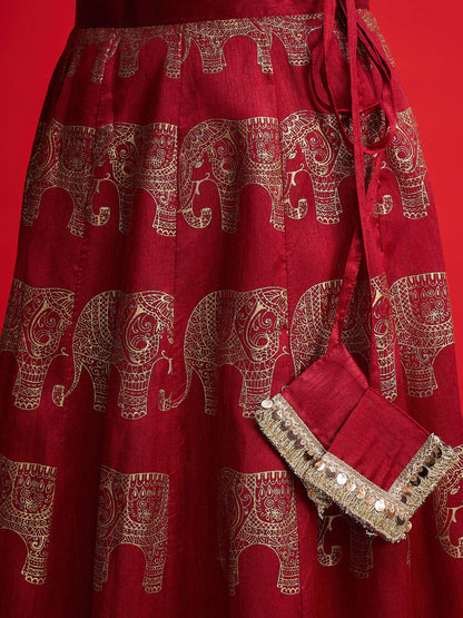 Women Maroon Velvet Crop Top With Anarkali Skirt