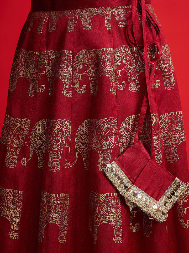 Women Maroon Velvet Crop Top With Anarkali Skirt