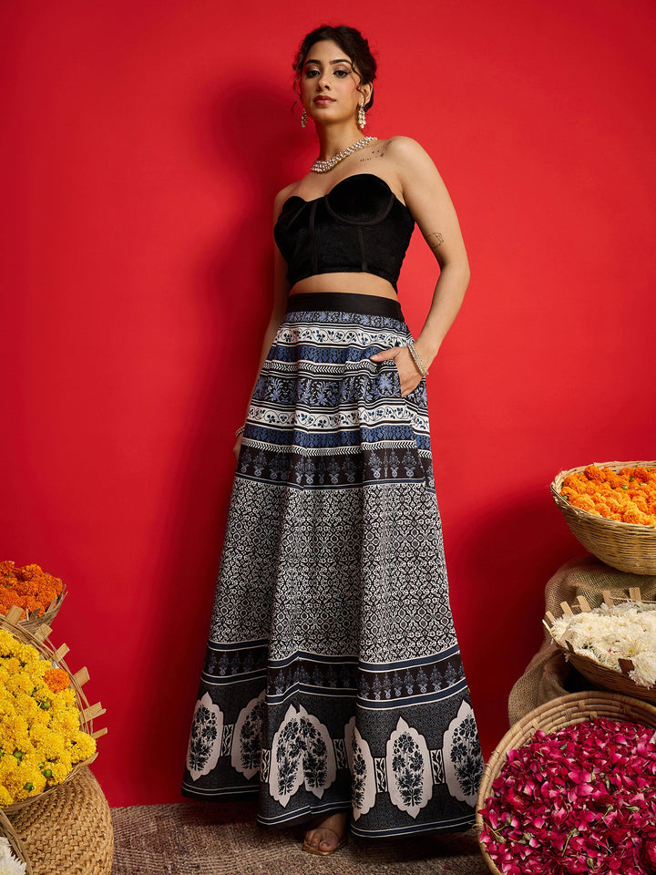Women Black Velvet Bustier Top With Anarkali Skirt