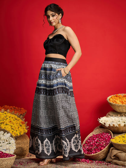 Women Black Velvet Bustier Top With Anarkali Skirt