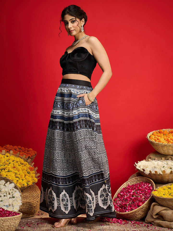Women Black Velvet Bustier Top With Anarkali Skirt