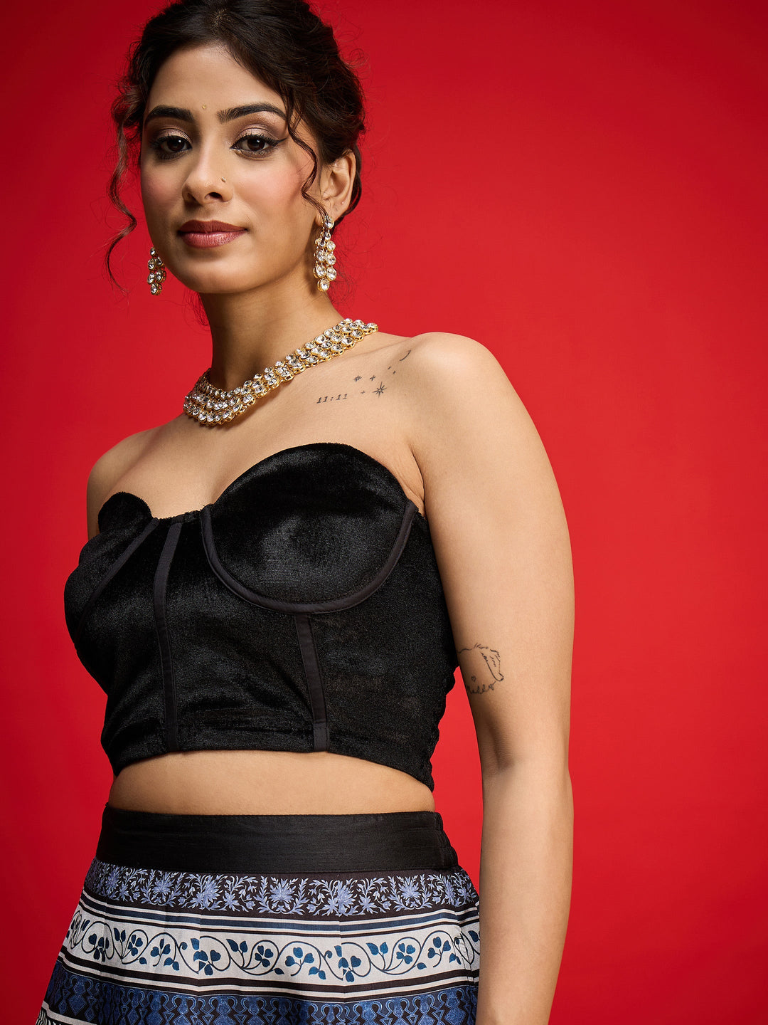 Women Black Velvet Bustier Top With Anarkali Skirt