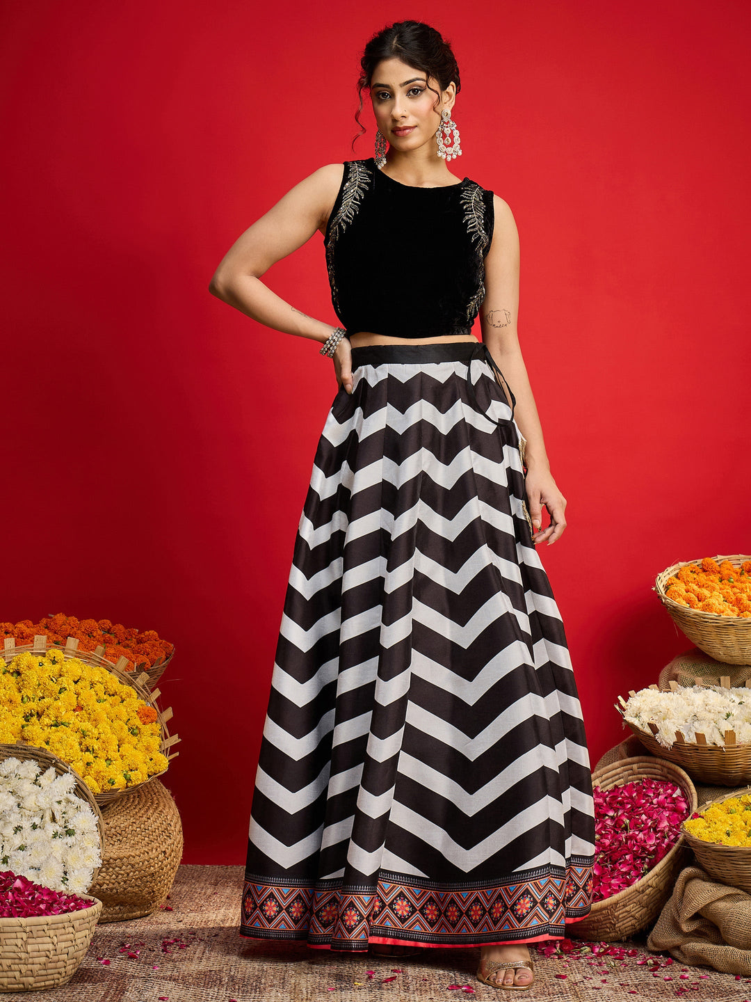 Women Black Velvet Sleeveless Crop Top With Anarkali Skirt