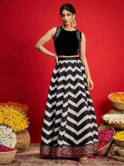 Women Black Velvet Sleeveless Crop Top With Anarkali Skirt