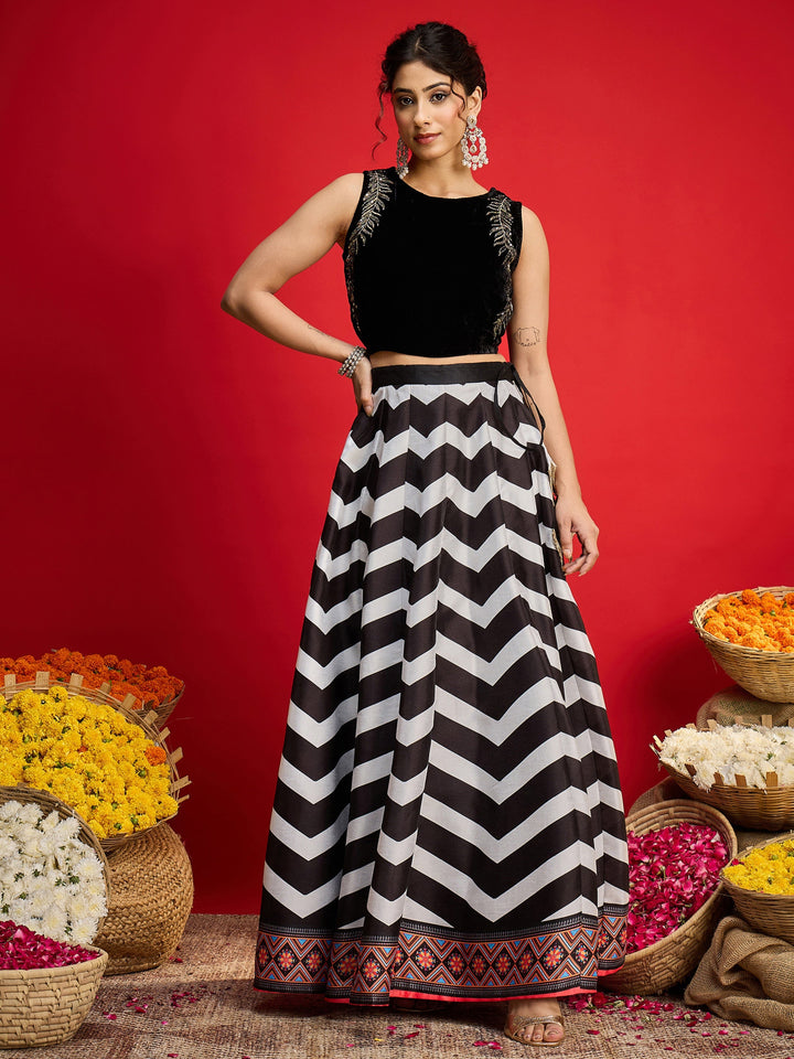 Women Black Velvet Sleeveless Crop Top With Anarkali Skirt