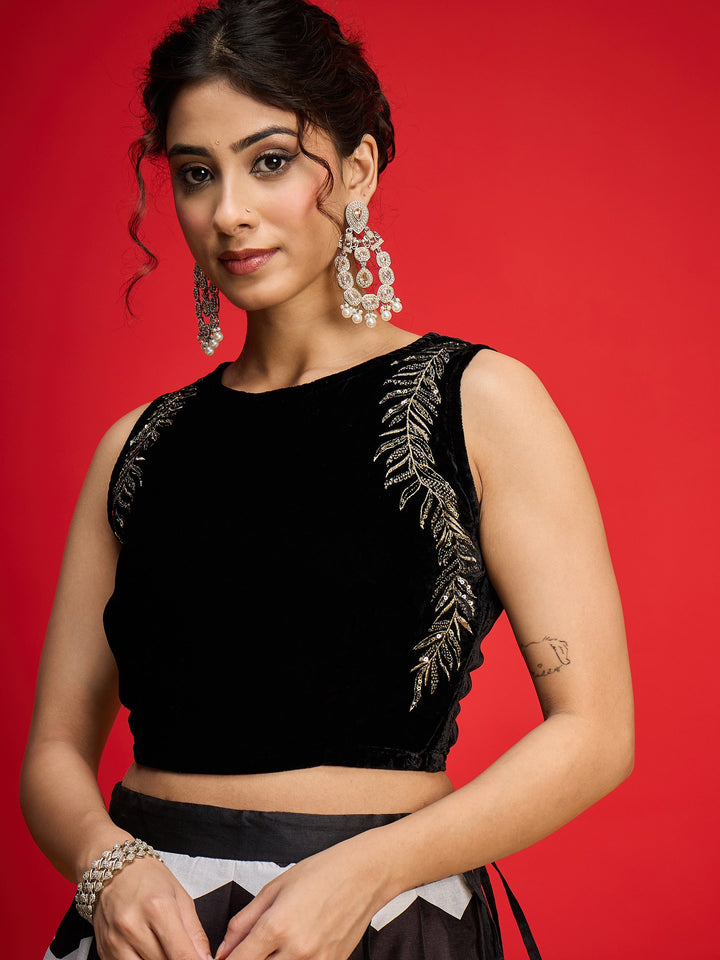 Women Black Velvet Sleeveless Crop Top With Anarkali Skirt