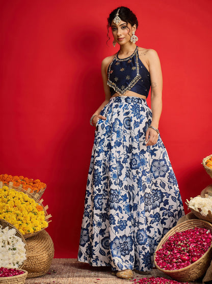 Women's Women Navy Embroidered Crop Top With Anarkali Skirt in Cotton by Shae for wholesale, bulk, supplier, manufacturer and wholesaler buyers from Trendphoria