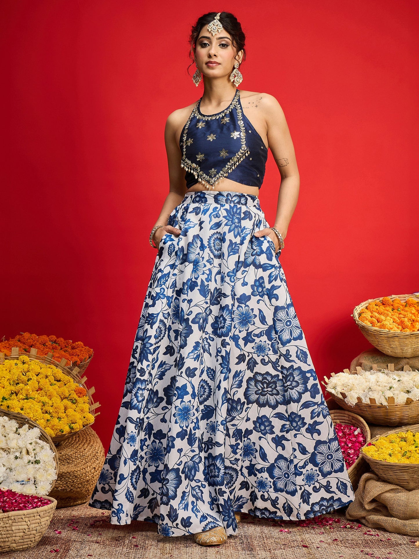 Women Navy Embroidered Crop Top With Anarkali Skirt