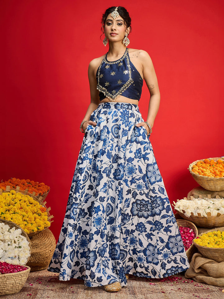 Women Navy Embroidered Crop Top With Anarkali Skirt
