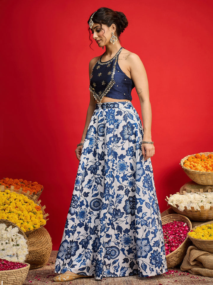 Women Navy Embroidered Crop Top With Anarkali Skirt