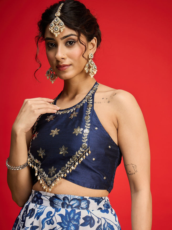 Women Navy Embroidered Crop Top With Anarkali Skirt