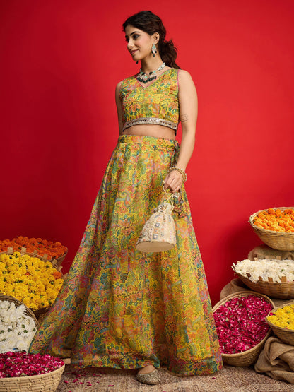 Women Yellow Chanderi Crop Top With Anarkali Skirt