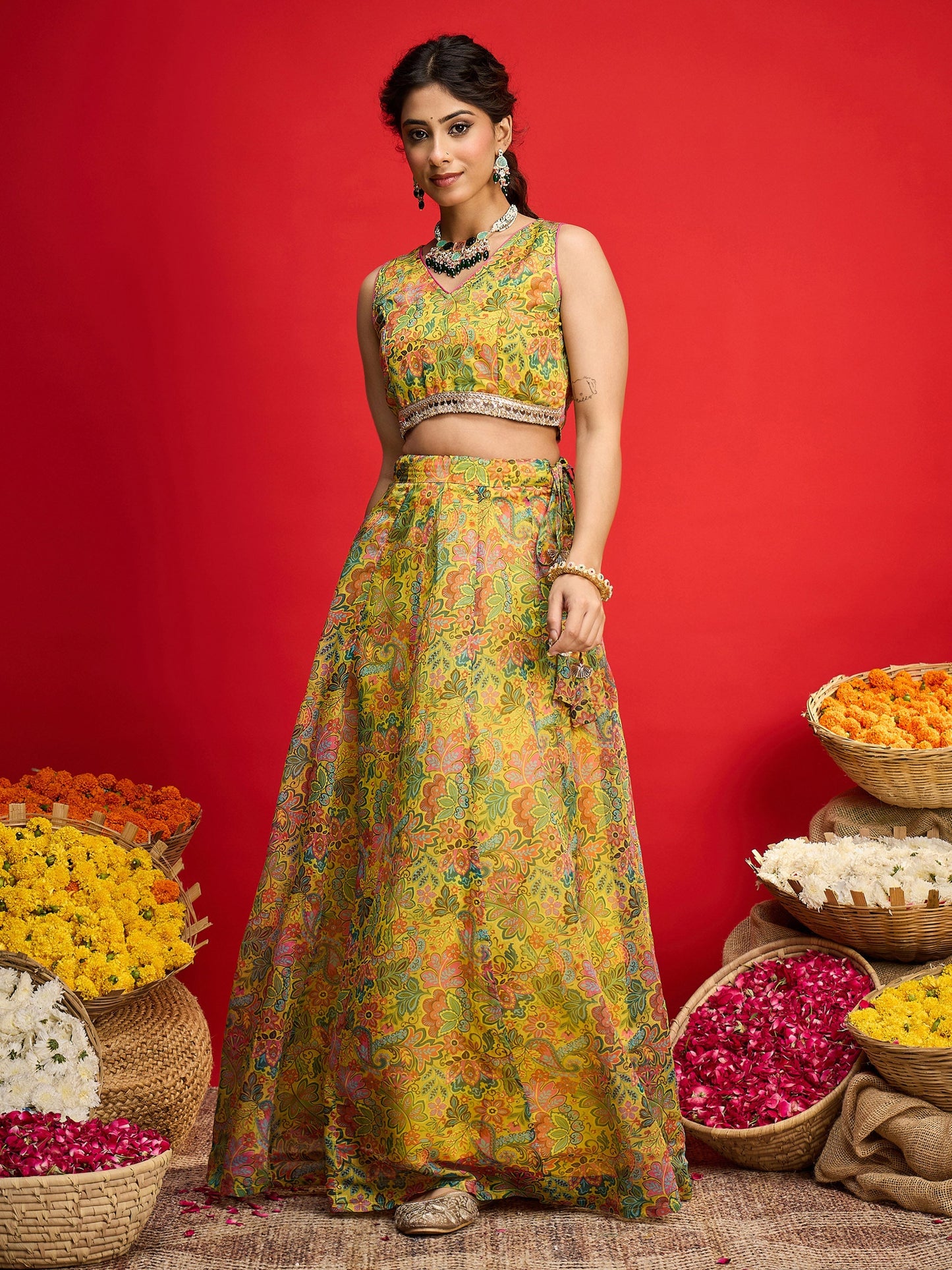 Women Yellow Chanderi Crop Top With Anarkali Skirt