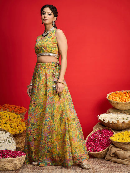 Women Yellow Chanderi Crop Top With Anarkali Skirt