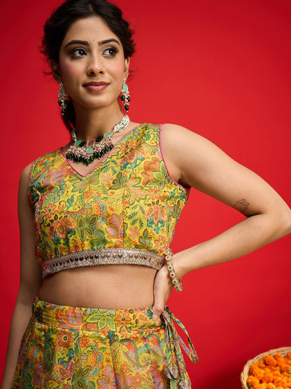 Women Yellow Chanderi Crop Top With Anarkali Skirt