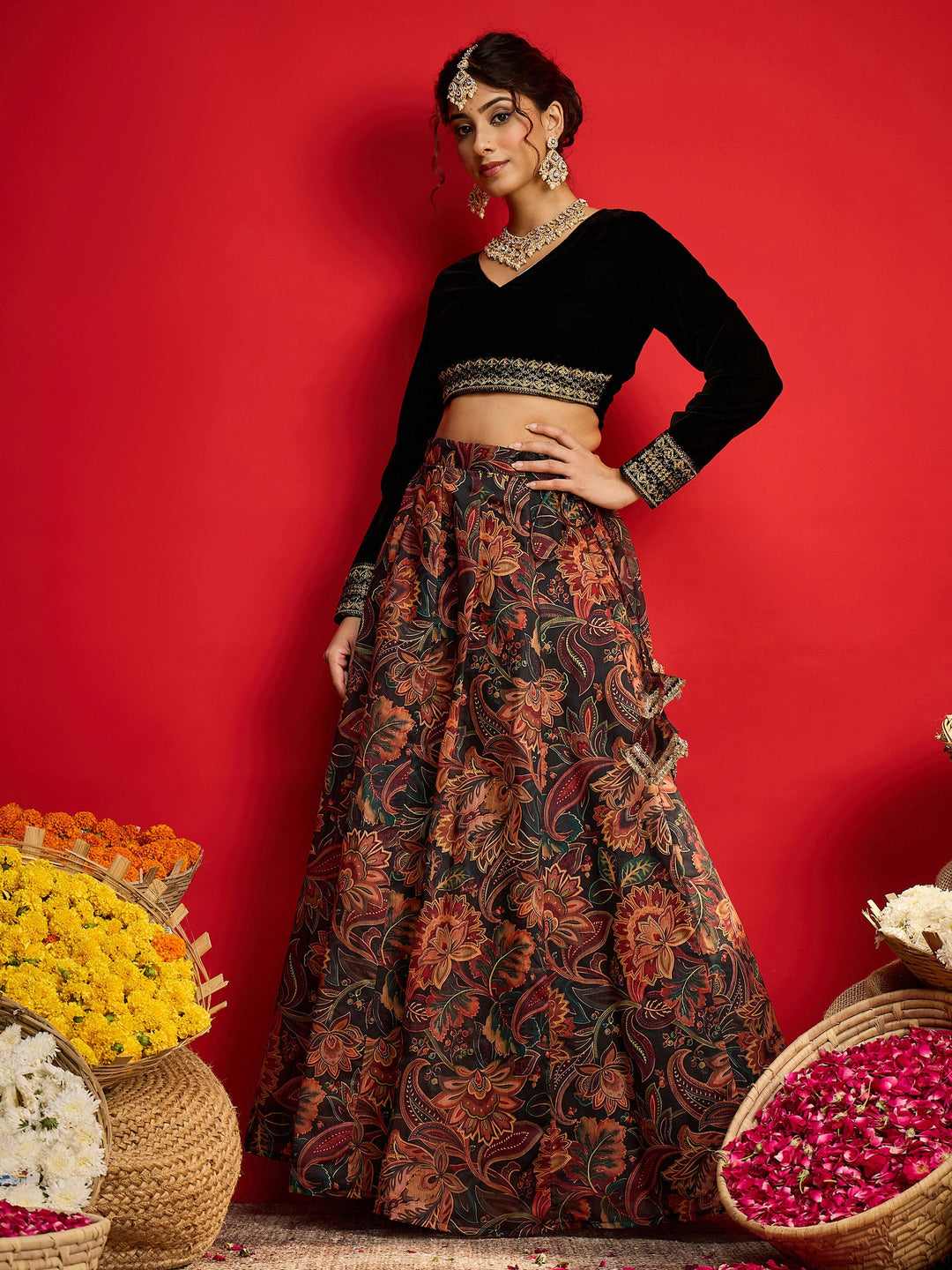 Women Black Velvet Full Sleeves Crop Top With Anarkali Skirt