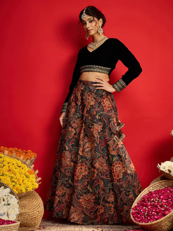 Women Black Velvet Full Sleeves Crop Top With Anarkali Skirt