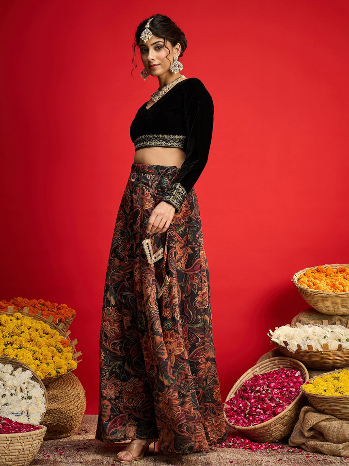 Women Black Velvet Full Sleeves Crop Top With Anarkali Skirt