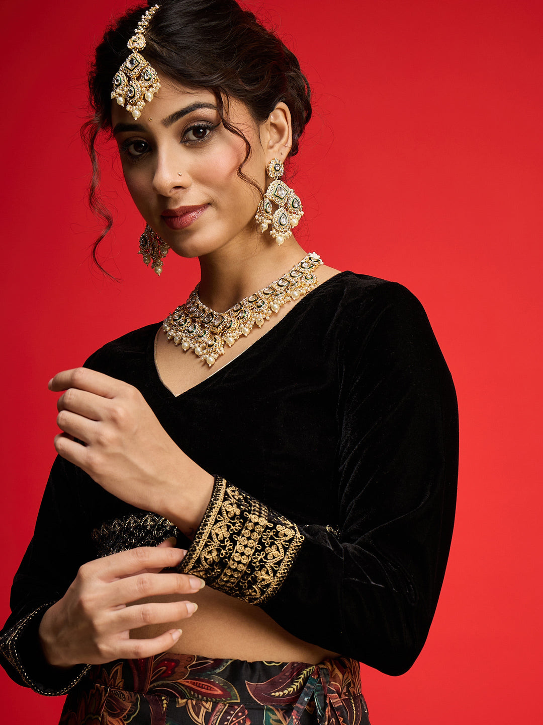 Women Black Velvet Full Sleeves Crop Top With Anarkali Skirt