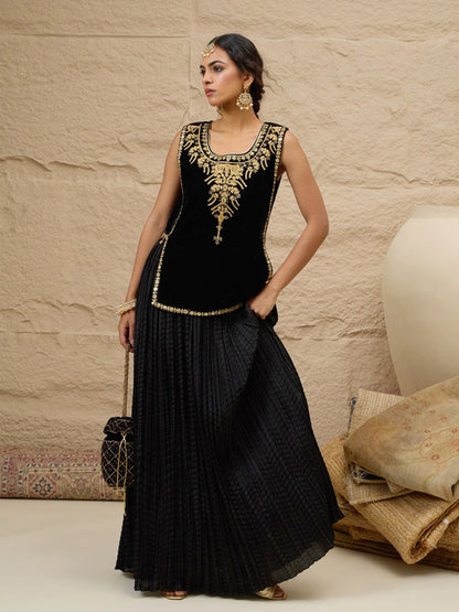 Women Black Velvet Sleeveless Top With Pleated Skirt