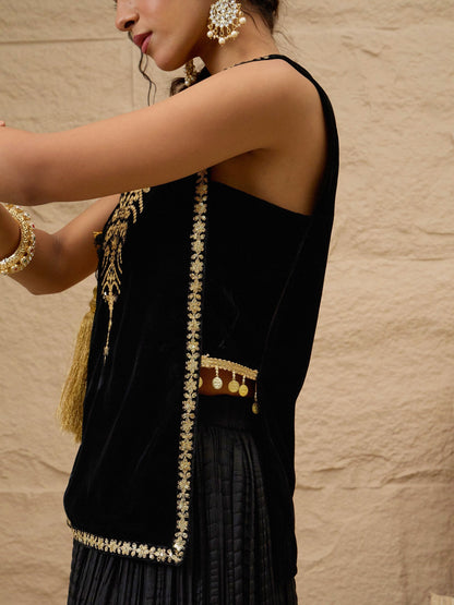 Women Black Velvet Sleeveless Top With Pleated Skirt