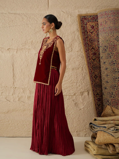 Women Maroon Velvet Sleeveless Top With Pleated Skirt