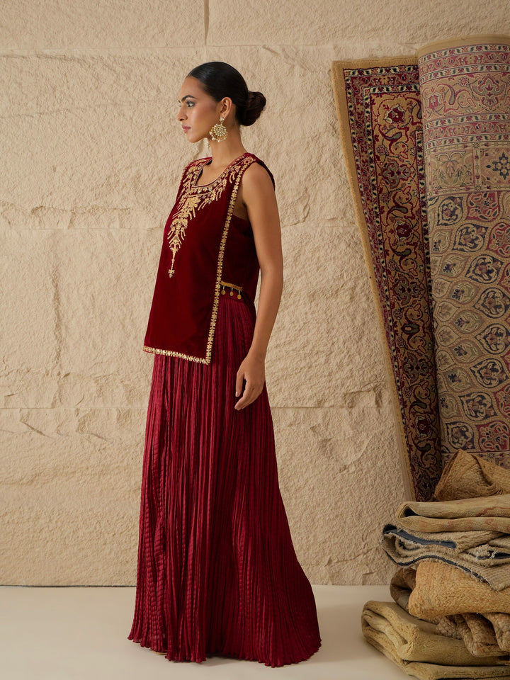 Women Maroon Velvet Sleeveless Top With Pleated Skirt